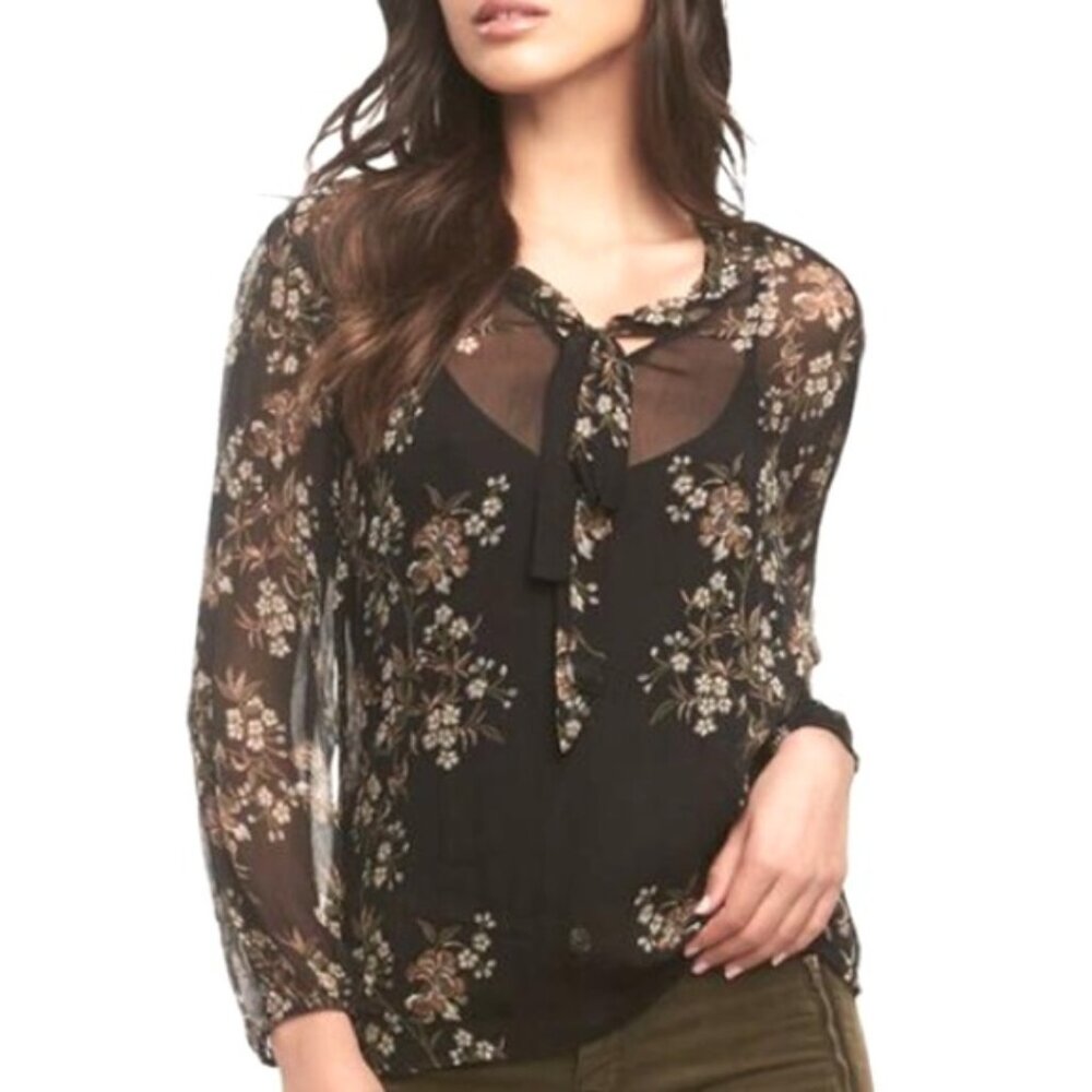 Tart Floral Semi‑Sheer Long Sleeve Blouse with Neck Tie | Size Large